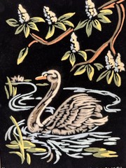 2 Vtg 60s SWAN PAINTING Set VELVET BLACK Picture Art Deco Lake Branches Blossom