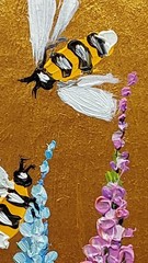 Bumblebee Original Painting Gold Framed Wildflowers Bluebonnet Wall Art Handmade