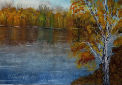 paintingOriginal autumn watercolor landscape with river, reflection, trees, birc