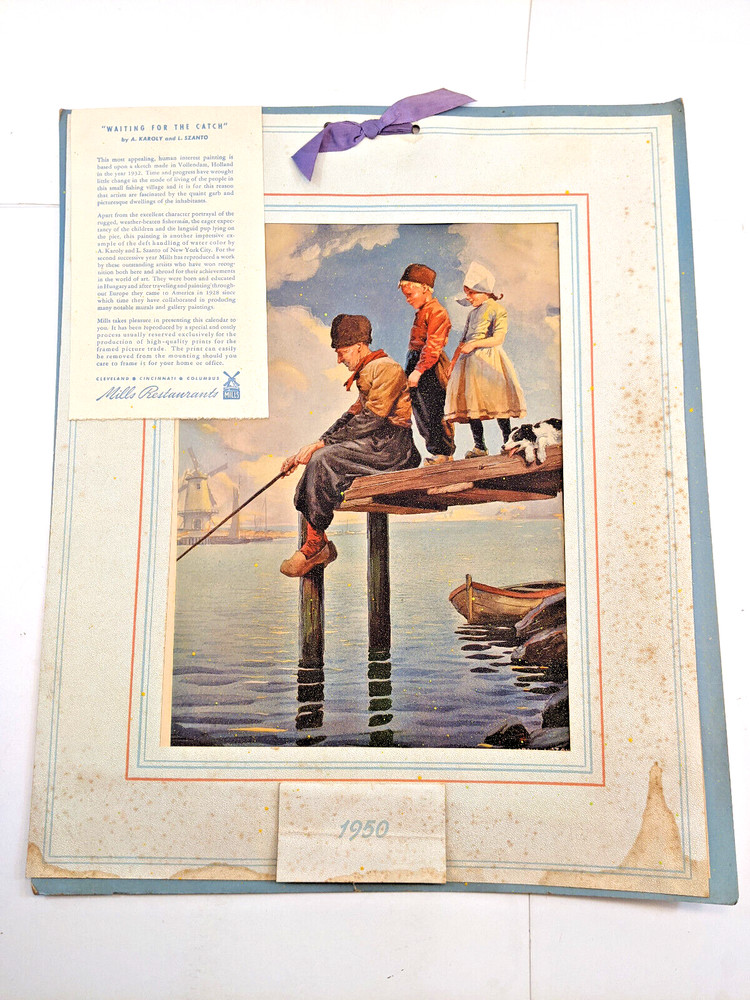 „Waiting for the Catch“ Repro Watercolor Painting 1950 Calendar KAROLY SZANTO