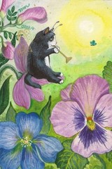 4×6 PRINT OF PAINTING RYTA TUXEDO CAT KITTEN ANGEL FAIRY GARDEN FLOWER Folk Art