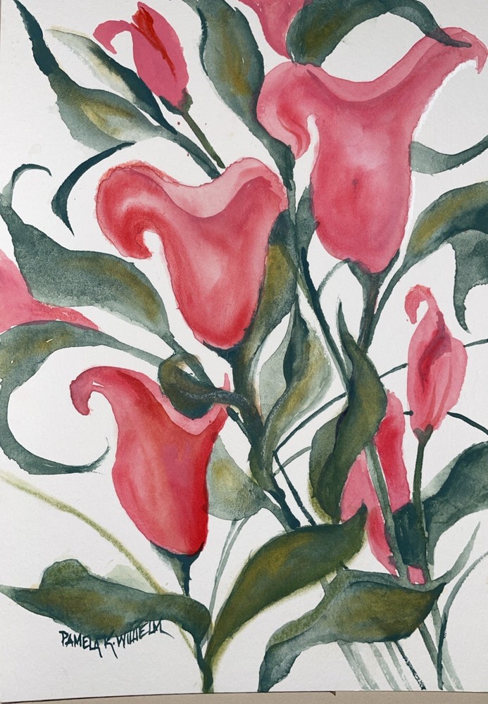 5×7” Pamela Wilhelm Original Watercolor Coral Trumpet Flowers Green Leave