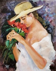 YARY DLUHOS Woman Flowers Female Figure Floral Portrait Original Oil Painting