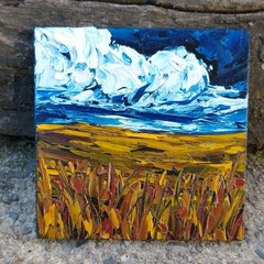 Original 4″ Oil Painting Country Side Farm Fields & Blue Cloudy Sky textured