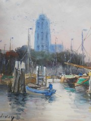 Henri Arden Belgian Watercolor Harbor Boats Marine Impressionist Painting framed
