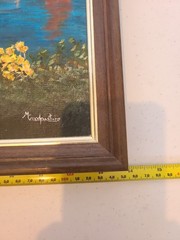 Hand Painted Oil Cottage Core Log Cabin Mountain Scene Signed 18×14