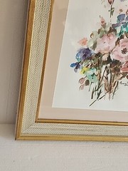 VTG Watercolor Painting Art Wild flowers 15×19″ Wood Frame Matted Signed Picture