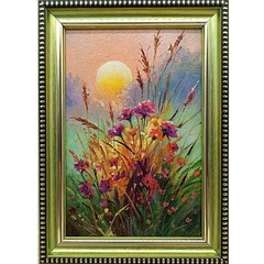 Wildflowers Sunset Original Oil Painting 4×6 Framed Signed Floral Landscape Art