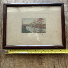 Antique Landscape Print Dark Wood Frame Signed 5.5”x7.5” READ