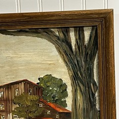 Vtg AMERICANA Homestead Landscape Oil PAINTING 18” X 14.5” FRAMED ART MCM Signed