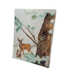 Vintage Oil painting On Canvas Animals Rabbits Deer Raccoon Snow Signed 8×10″