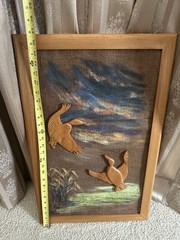 Wooden Mallard Ducks Flying Over Pond Framed Painting on Burlap Signed 26.5”x17”