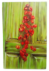Carla Garrison Physalis Flowers on Green Wood Door Original Painting 16×24