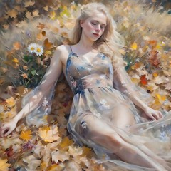 ACEO Blonde Young Woman in a meadow asleep amid flowers and colorful leaves