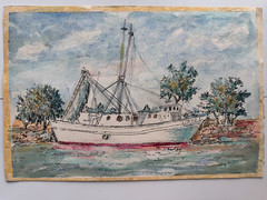 Vintage 1960s Watercolor Painting Fishing Boat 17″ x 12″ Signed