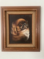 Vintage MCM Original Oil Portrait Pekingese Dog Layered Wood Frame Signed