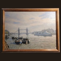 R.E. Jordan Oil Painting Tower Bridge London HMS Belfast Thames Boats Framed Vtg