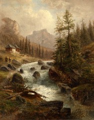 Oil painting sunset creek mountains landscape with farmer’s house art