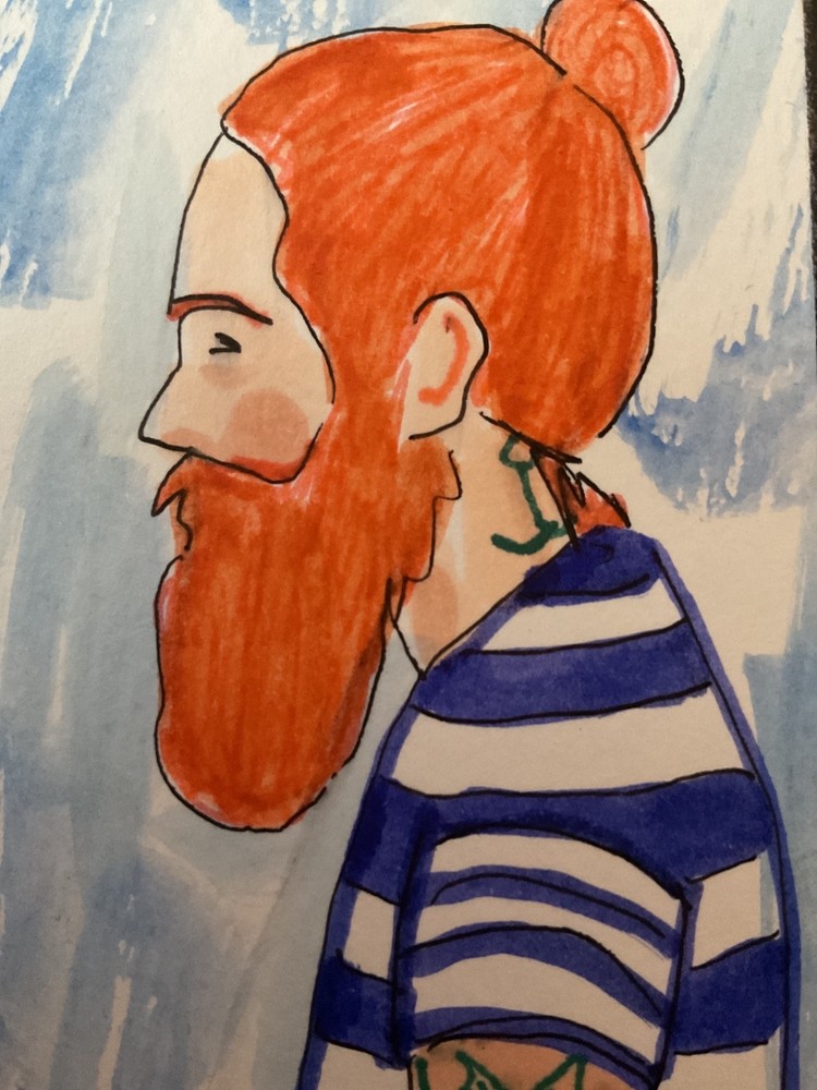 ACEO watercolor art by PJ, art card 2.5 x 3.5: sailor man tat.