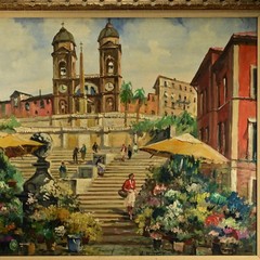 MONTESI Original Vintage Signed Italy Cityscape Figure Illustration Oil Painting