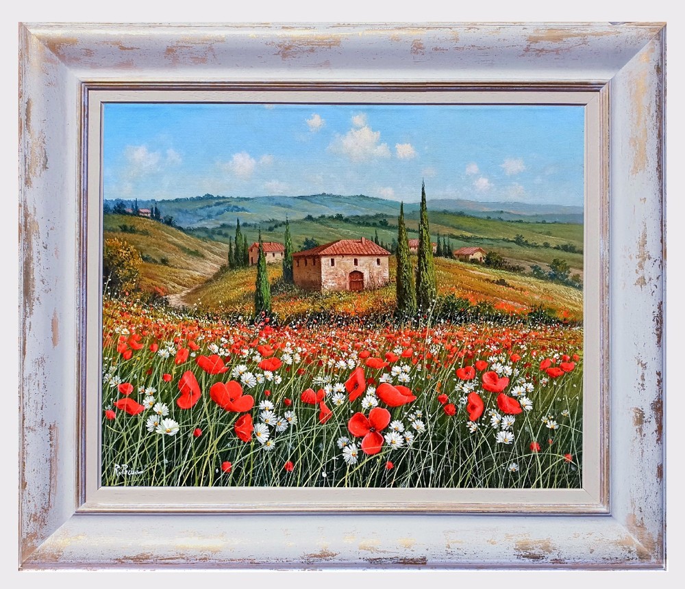 TUSCANY ITALY PAINTING FLOWERS FIELD by PACINI ITALIAN ORIGINAL Toskana-Malerei