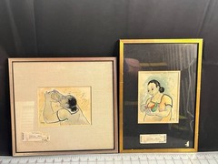 2pc Folk Art Watercolor Paintings – Man Blowing Shell & Woman with Watermelon