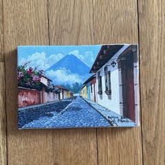 Hugo F. Simón Signed Realism Acrylic Painting Antigua Guatemala Cityscape 1990