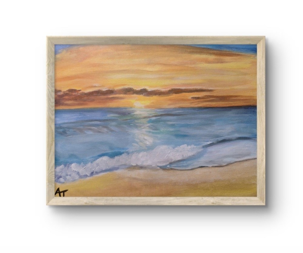 Orginal 9×12 Canvas Paper Painting Beach At Night Home Decor