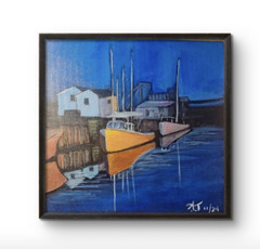 Original Impressionist 8×8 Sailboat Harbor Acrylic Panel Painting Signed Blue
