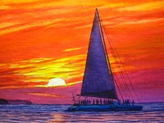 Watercolor Painting Ocean Sunset Seascape Sailboat Summer Vacation ACEO Art