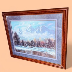 VTG 90s HOMCO Home Interiors Cold Mountain Landscape Rustic Cabin Wall Art 32×25
