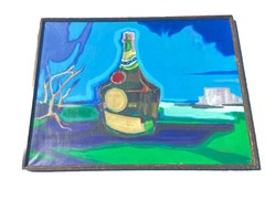 Large Oil Painting Mendelson 1970 Liquor Mountain Surrealist Framed 48/36 Inches