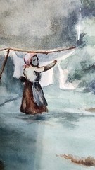 Stunning original very old watercolor, original frame, nails and 1916 newspaper