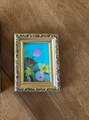 Original Small Acrylic Painting, Vtg Gold Frame; Teal Floral; Signed on Back