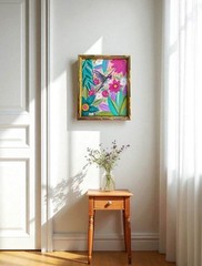 ORIGINAL Bamboo Framed Hummingbird Painting – Framed Tropical Floral Bird Art