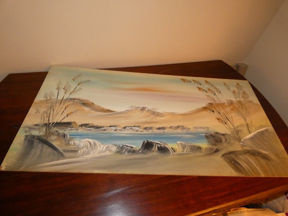 Desert Mountain River Original Oil Painting on Masonite Board Vintage 16 x 32″