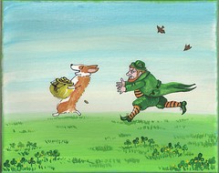 PRINT OF PAINTING RYTA 8X10 CORGI FOLK ART IRISH ST PATRICKS DAY Leprechaun dog