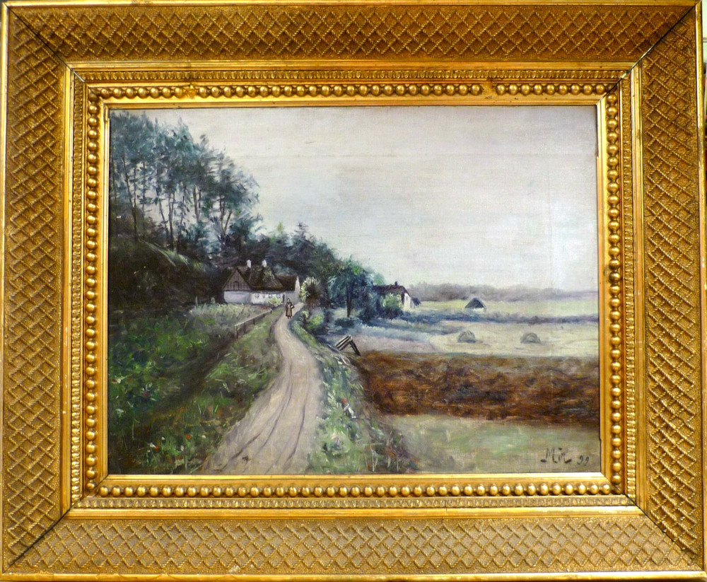 MONOGRAM SIGNED! LANDSCAPE WITH WOMAN AT THE COTTAGE.
