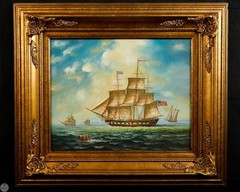 Vintage Framed Original Seascape Maritime Oil on Board „American Clipper at Sea“