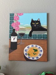 Original Black Cat Wine Pasta Flowers Contemporary Art Acrylic Canvas Painting