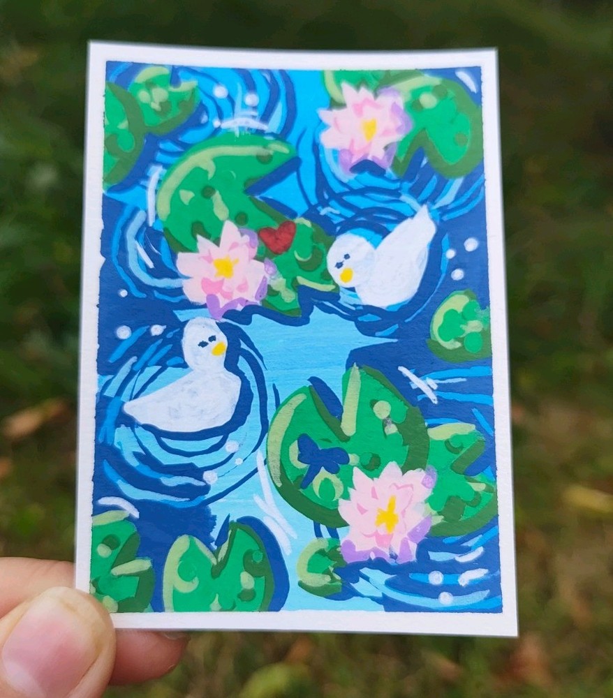 ACEO: Original Acrylic Painting (6.4 x 8.9 cm): ducks and lillypads 5/6 by Lenahui