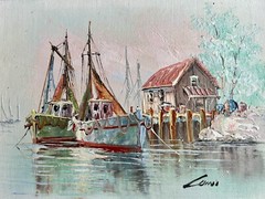 Vintage 1970’s Oil Painting Of Fishing Boats At Dock