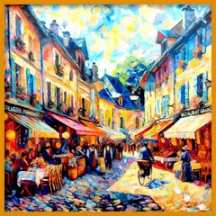 French Village Cafe – Original Oil Painting 30×30 – Kate Johnson, Hawaii