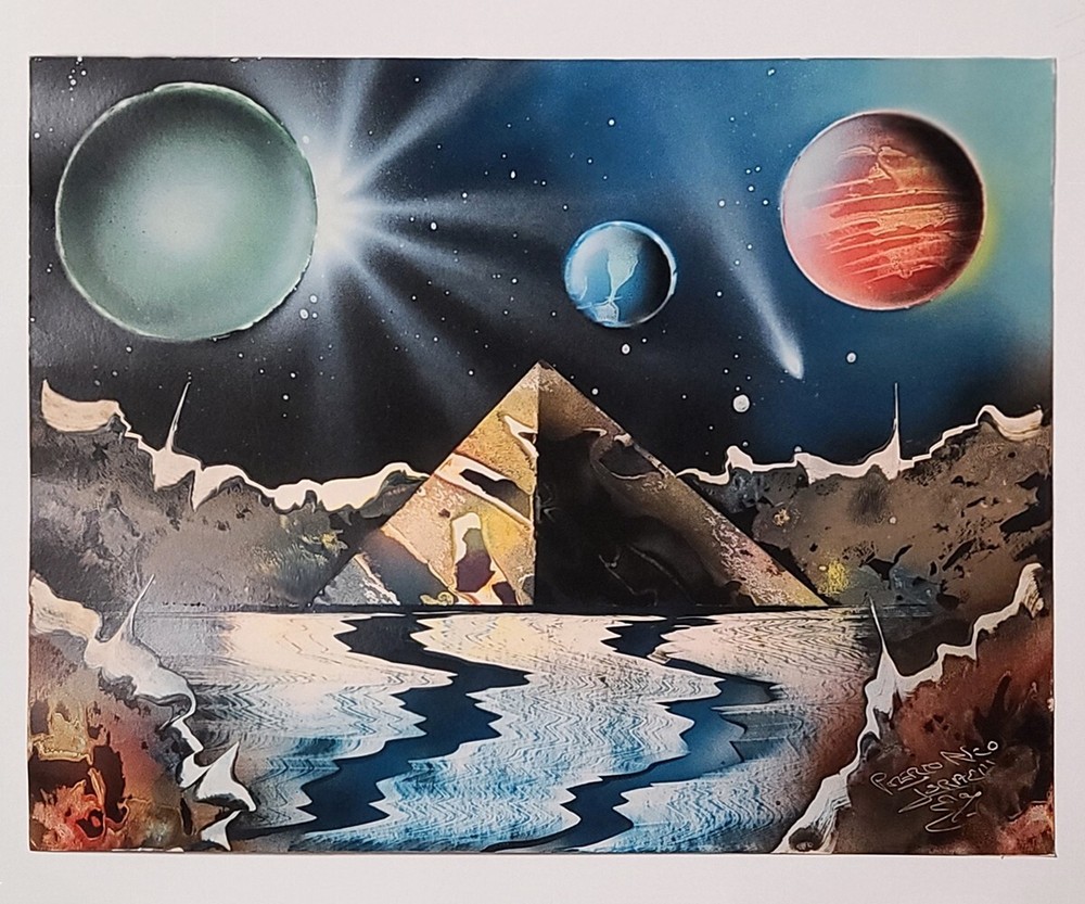 Original Signed Vintage Spraypaint Pop Art Painting, Space Rock Pyramids Water