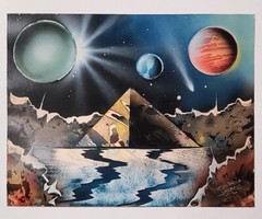 Original Signed Vintage Spraypaint Pop Art Painting, Space Rock Pyramids Water