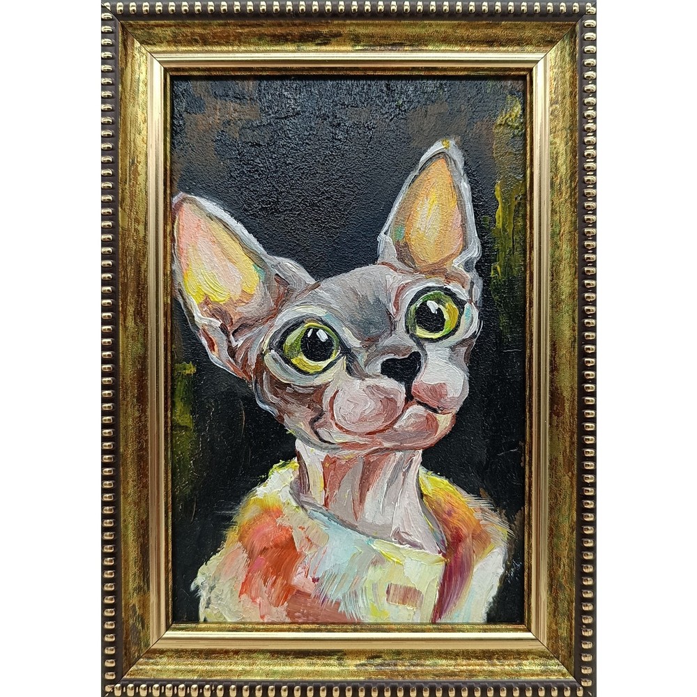 Sphynx Cat Original Oil Painting Framed 4×6 Signed Pet Portrait Animal Art