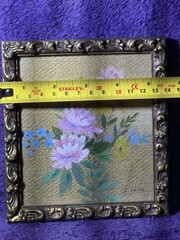 Mini E. Lent Signed Framed Floral Still Life Painting on metal, Small 6 x 7 in