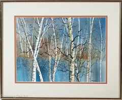 Beautiful Vintage Forest Landscape Painting of Birch Trees Blue, Signed Mandell