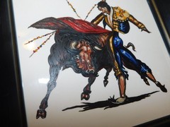 VTG MATADOR BULL FIGHTER PAINTING TRIO SERIES LOT HAND PAINTED TILE MCM OOAK ART