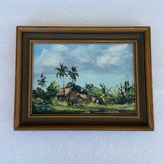 Tropical Landscape Painting, Palm Trees, Huts Framed Original Vintage Wall Art
